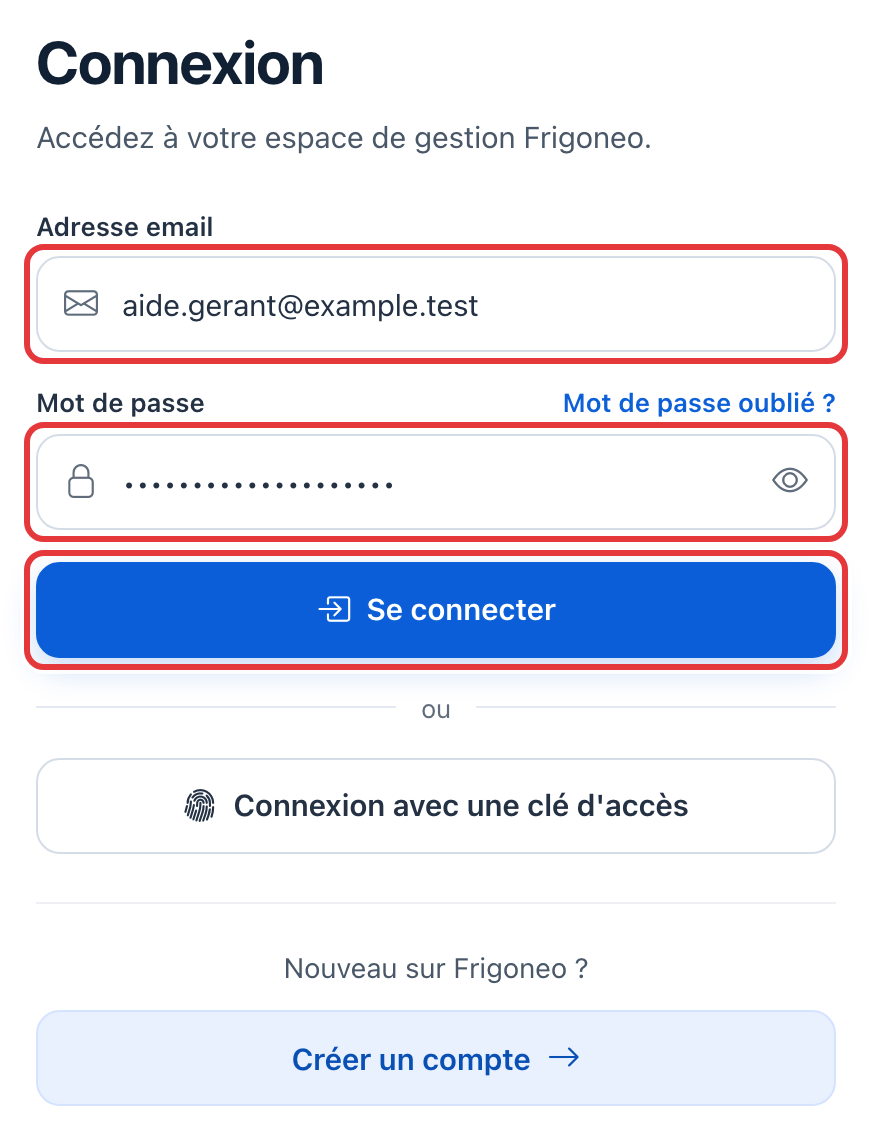 Formulaire de connexion rempli : l'adresse e-mail, le mot de passe et le bouton Se connecter sont entourés en rouge.