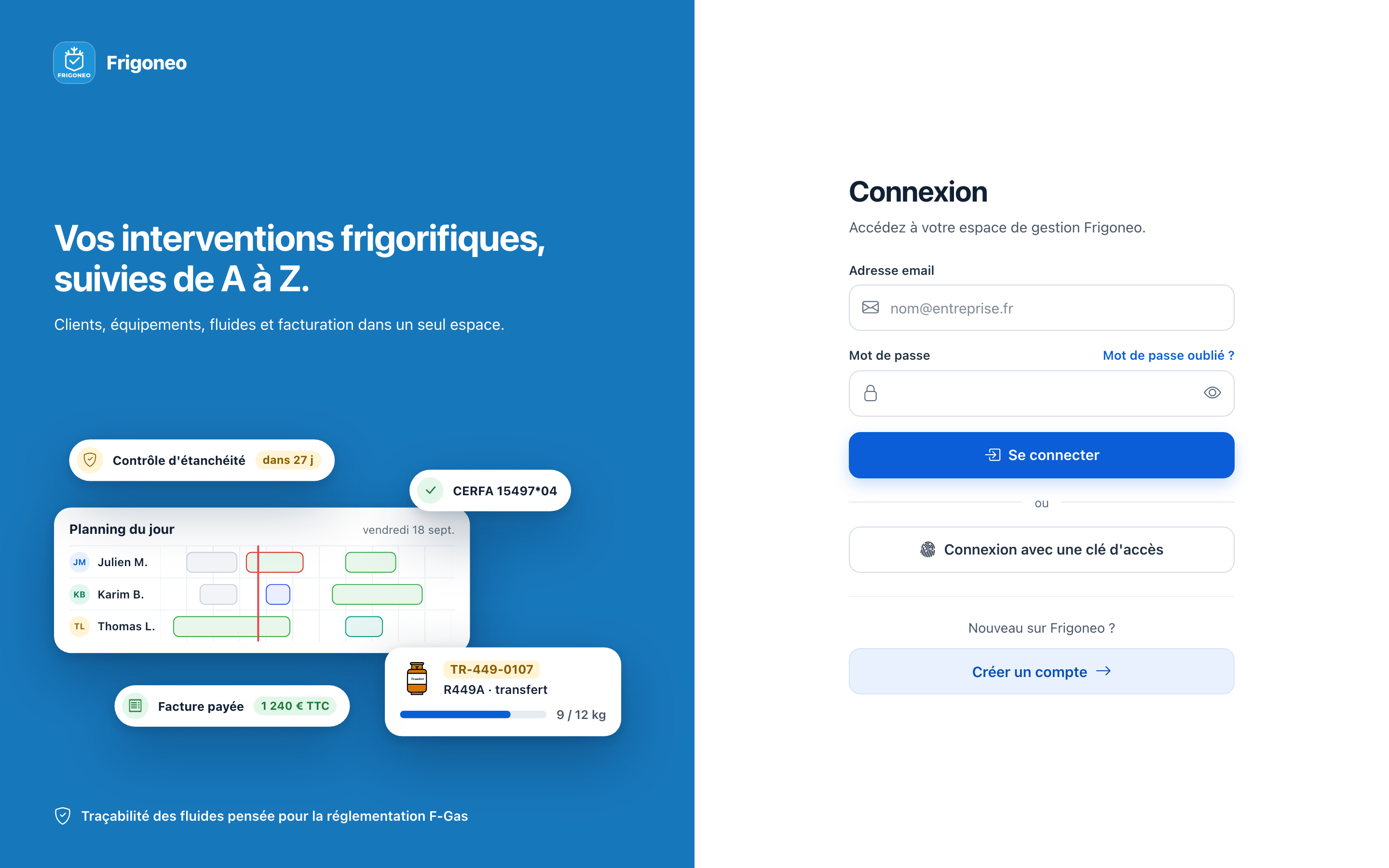 Page de connexion sur ordinateur : un aperçu de Frigoneo à gauche, le formulaire Connexion à droite.
