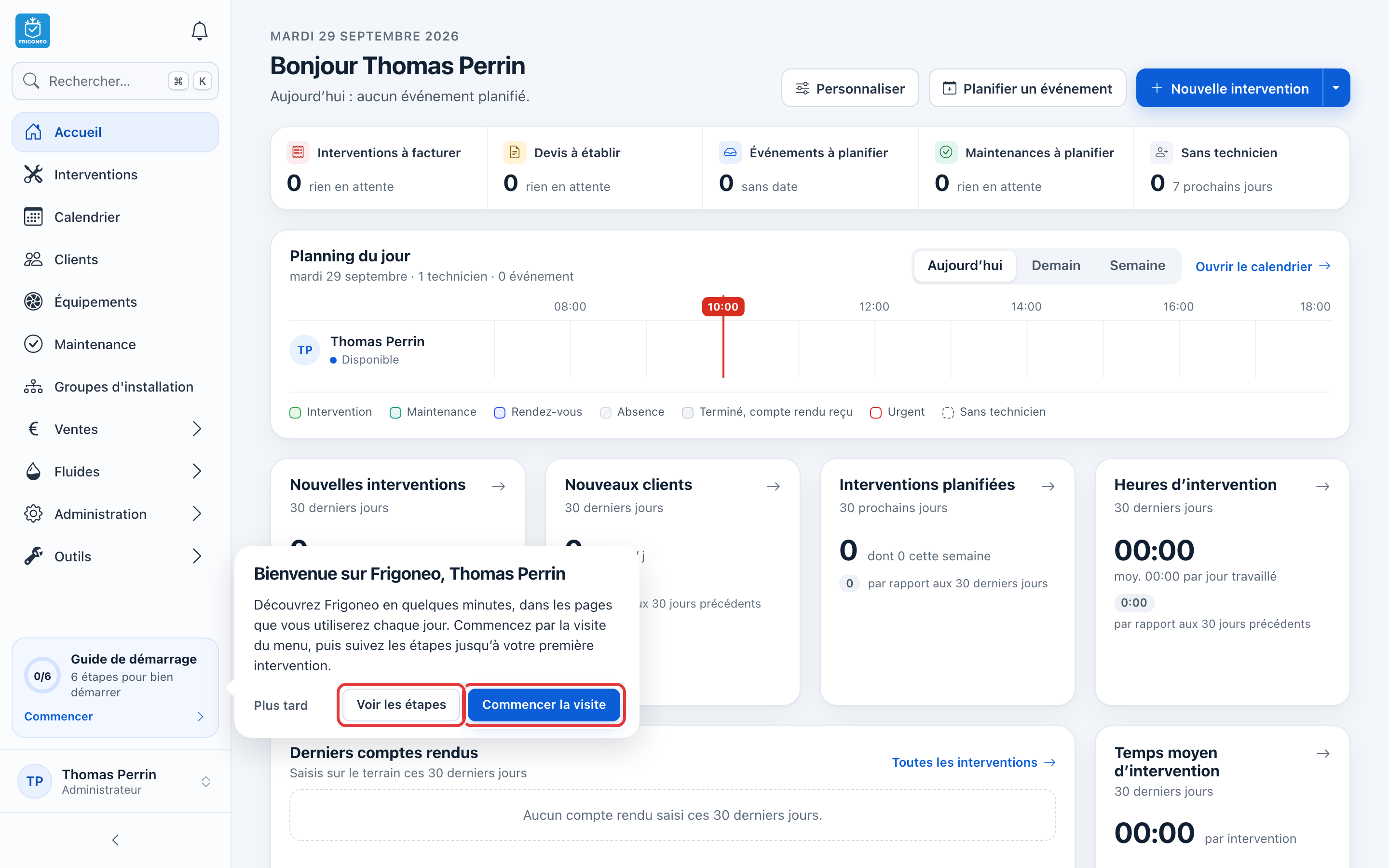 Fenêtre « Bienvenue sur Frigoneo » : les boutons Voir les étapes et Commencer la visite sont entourés en rouge ; le bouton Plus tard est à côté.