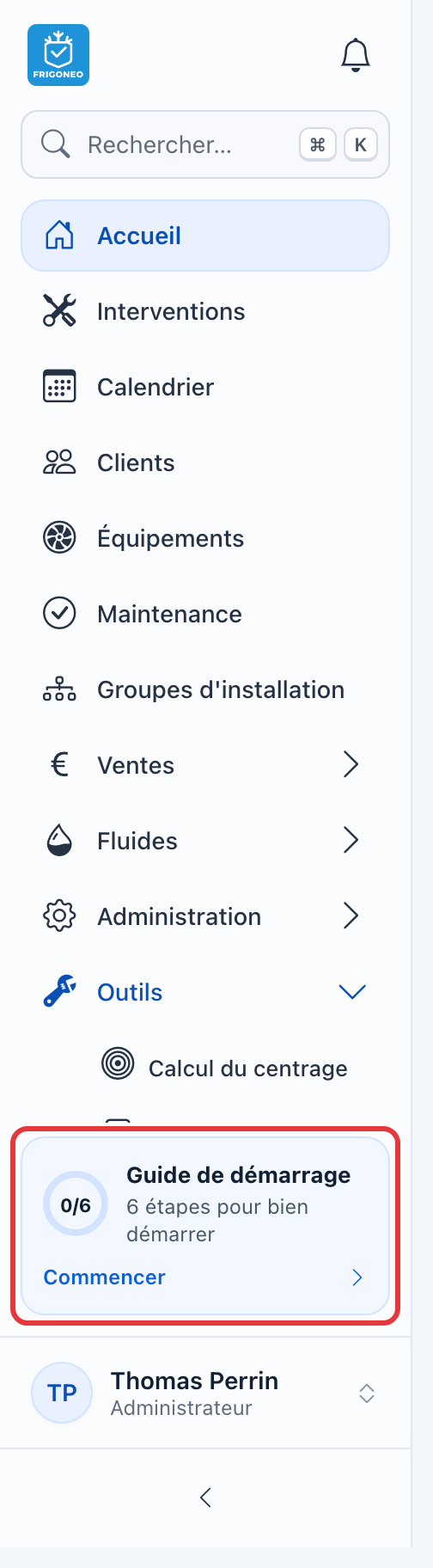 Bas du menu : la carte Guide de démarrage, avec « 6 étapes pour bien démarrer », est entourée en rouge au-dessus du nom du compte.