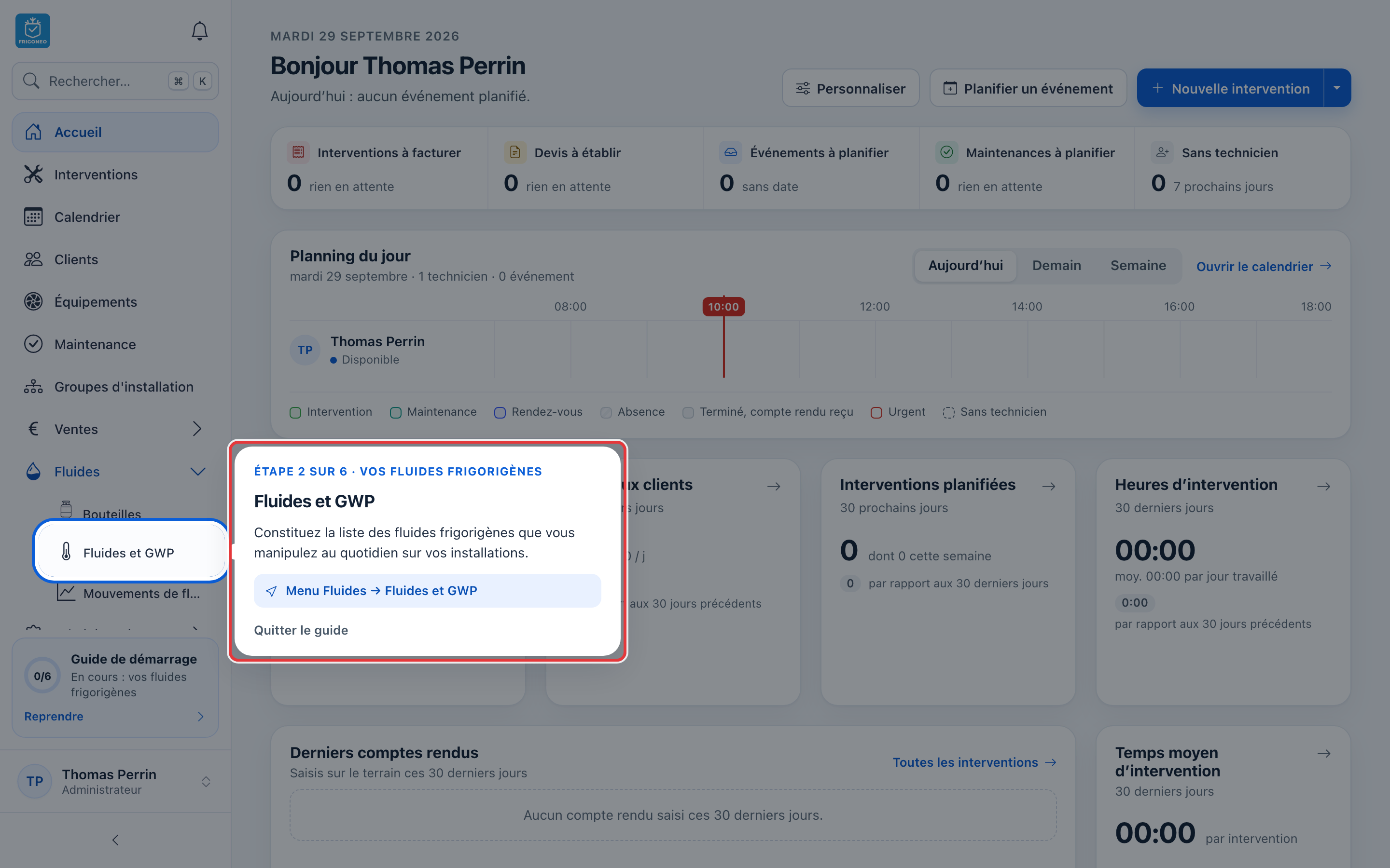 Étape 2 sur 6, Vos fluides frigorigènes : la bulle, entourée en rouge, indique « Menu Fluides → Fluides et GWP » et la page est mise en lumière dans le menu.