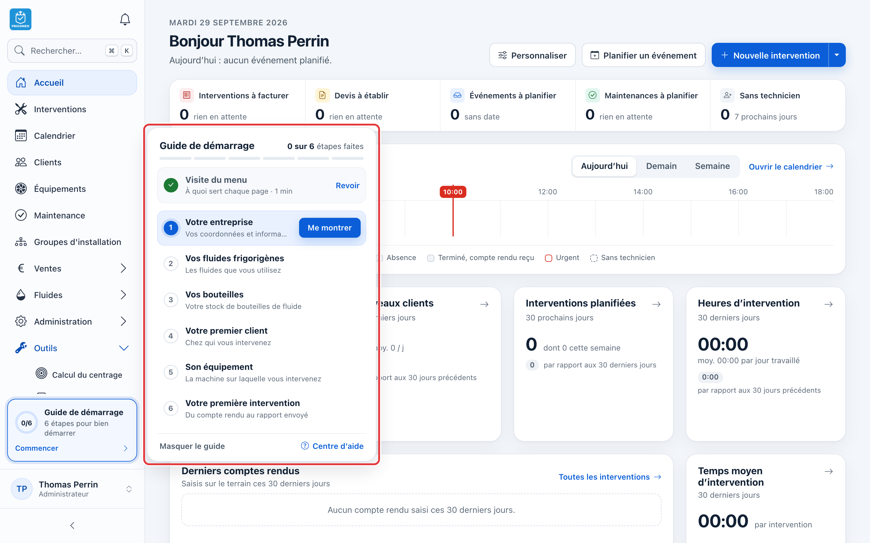 Liste du guide, entourée en rouge : la visite du menu, puis les six étapes, de Votre entreprise à Votre première intervention, et les liens Masquer le guide et Centre d'aide.