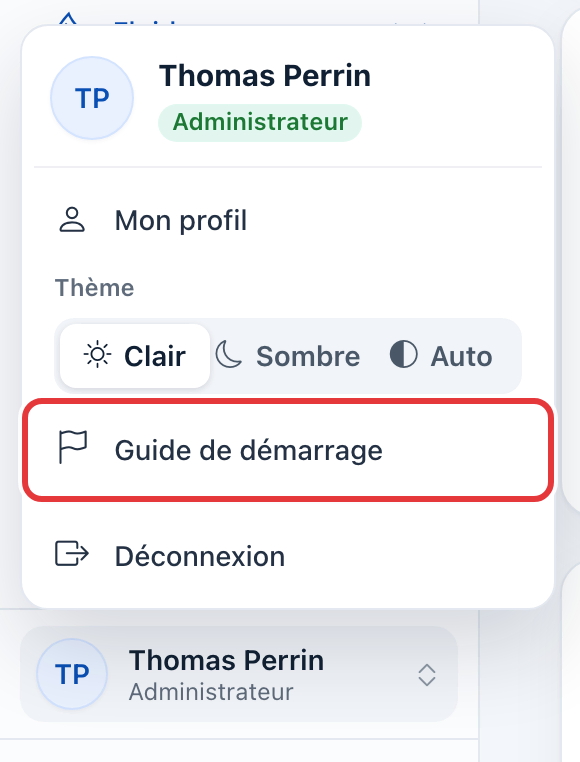 Menu du compte ouvert : l'entrée Guide de démarrage est entourée en rouge, entre le choix du thème et Déconnexion.