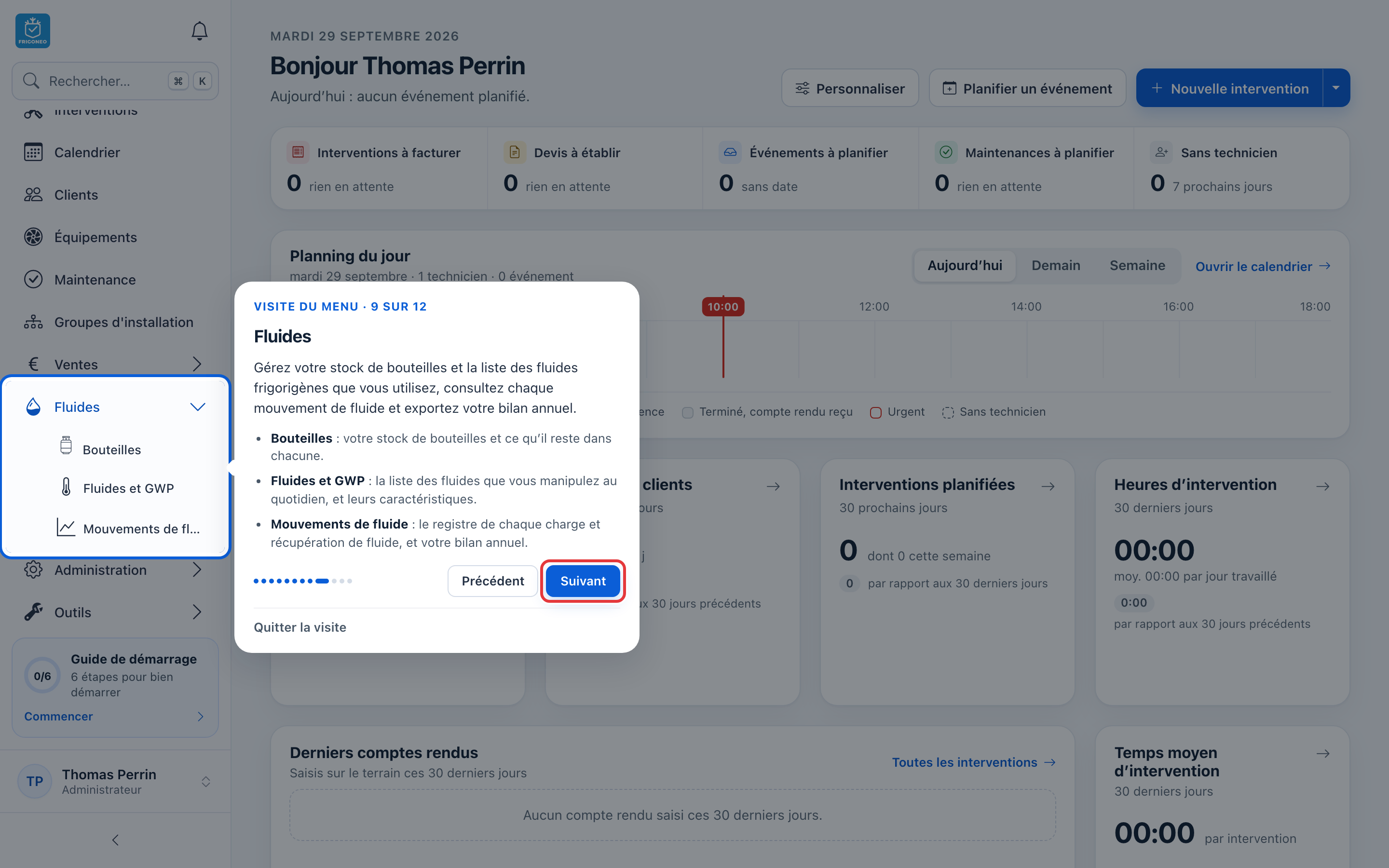 Visite du menu, arrêt Fluides : la bulle explique Bouteilles, Fluides et GWP et Mouvements de fluide ; le bouton Suivant est entouré en rouge.
