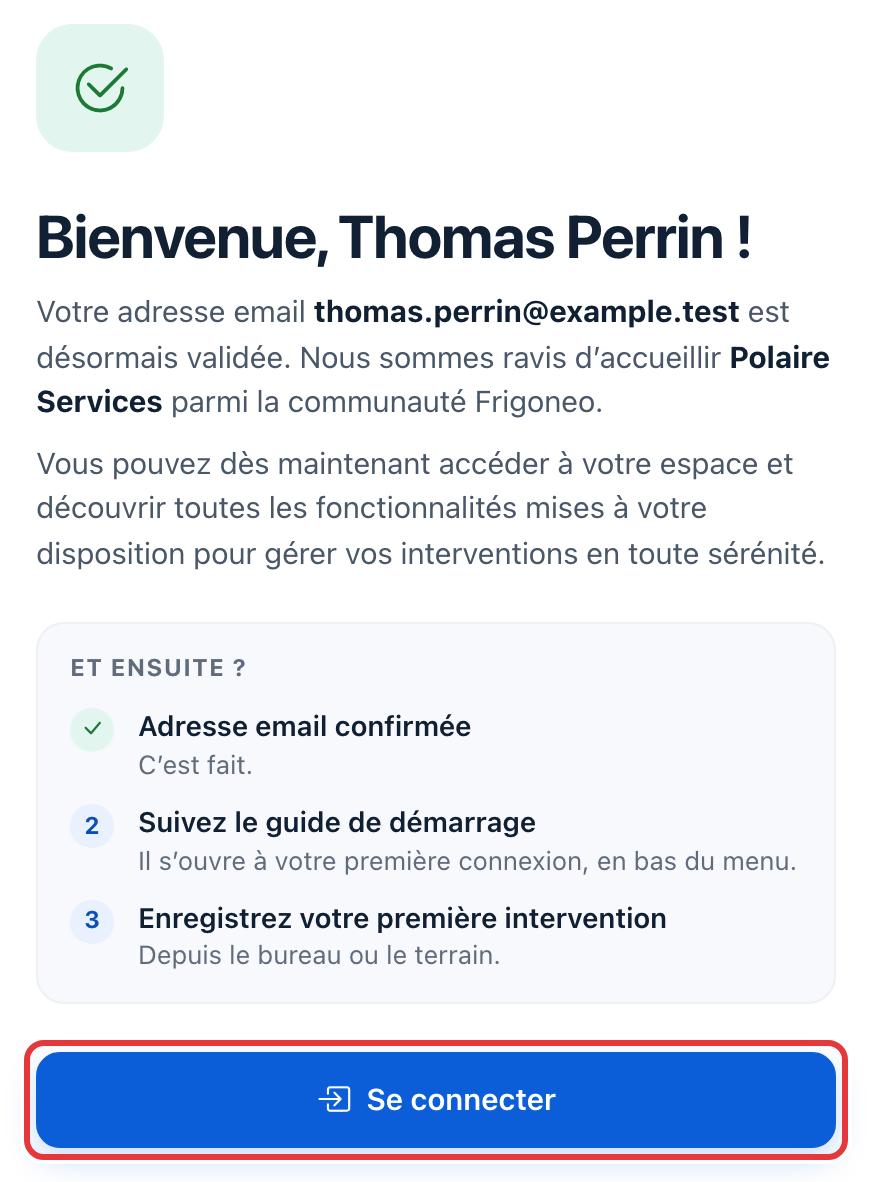 Page « Bienvenue, Thomas Perrin ! » : l'adresse est validée ; le bouton Se connecter est entouré en rouge.