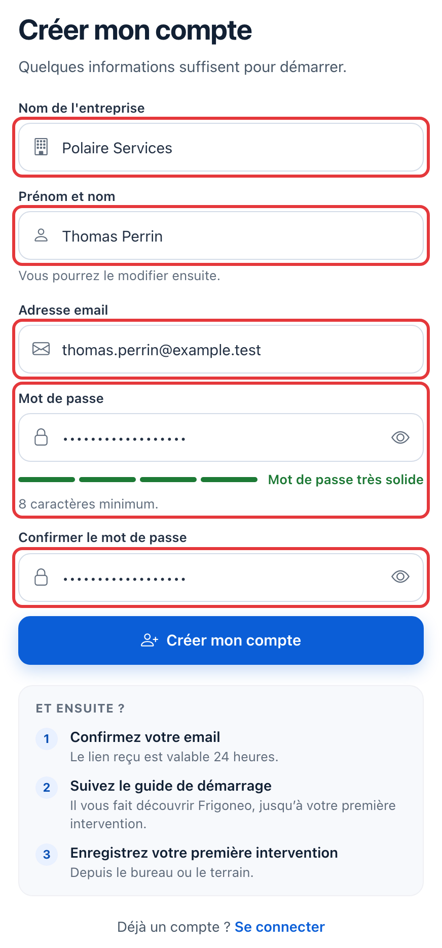 Formulaire Créer mon compte rempli : Polaire Services, Thomas Perrin, une adresse e-mail et deux fois le mot de passe, chaque champ entouré en rouge.