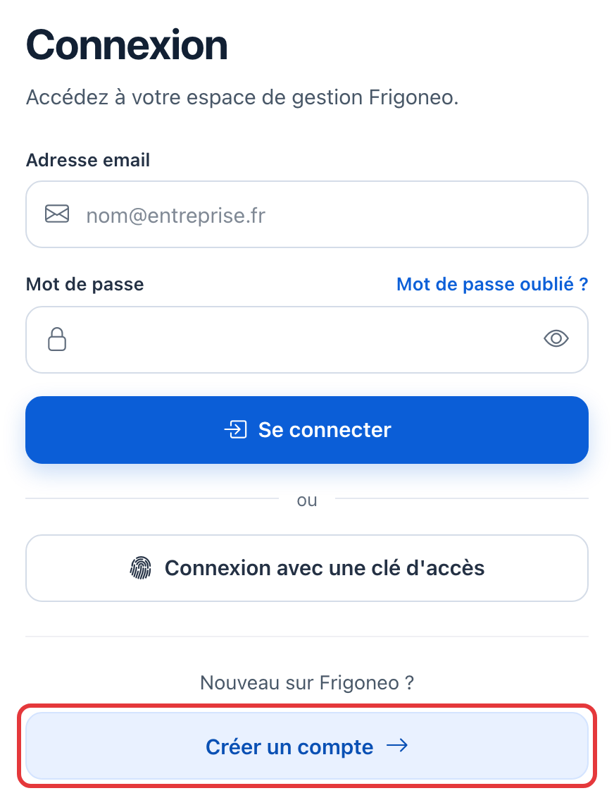 Bas de la page de connexion : le bouton Créer un compte, sous « Nouveau sur Frigoneo ? », est entouré en rouge.