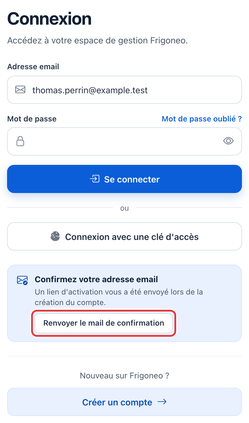 Page de connexion avec le message « Confirmez votre adresse email » : le bouton Renvoyer le mail de confirmation est entouré en rouge.