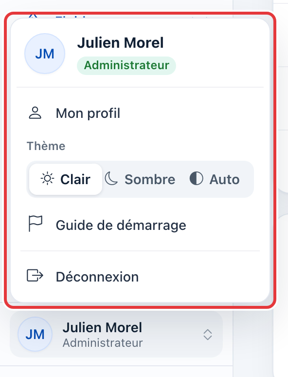 Menu du compte ouvert, entouré en rouge : Mon profil, le choix du thème Clair, Sombre ou Auto, Guide de démarrage et Déconnexion.