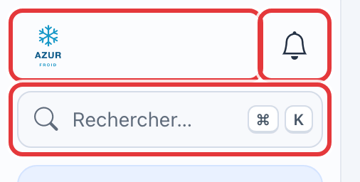 Haut du menu : le logo de l'entreprise, la cloche de notifications et le champ Rechercher, chacun entouré en rouge.