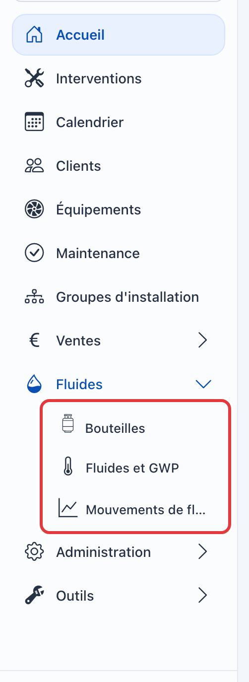 Menu avec Fluides déplié : Bouteilles, Fluides et GWP et Mouvements de fluide sont entourés en rouge.