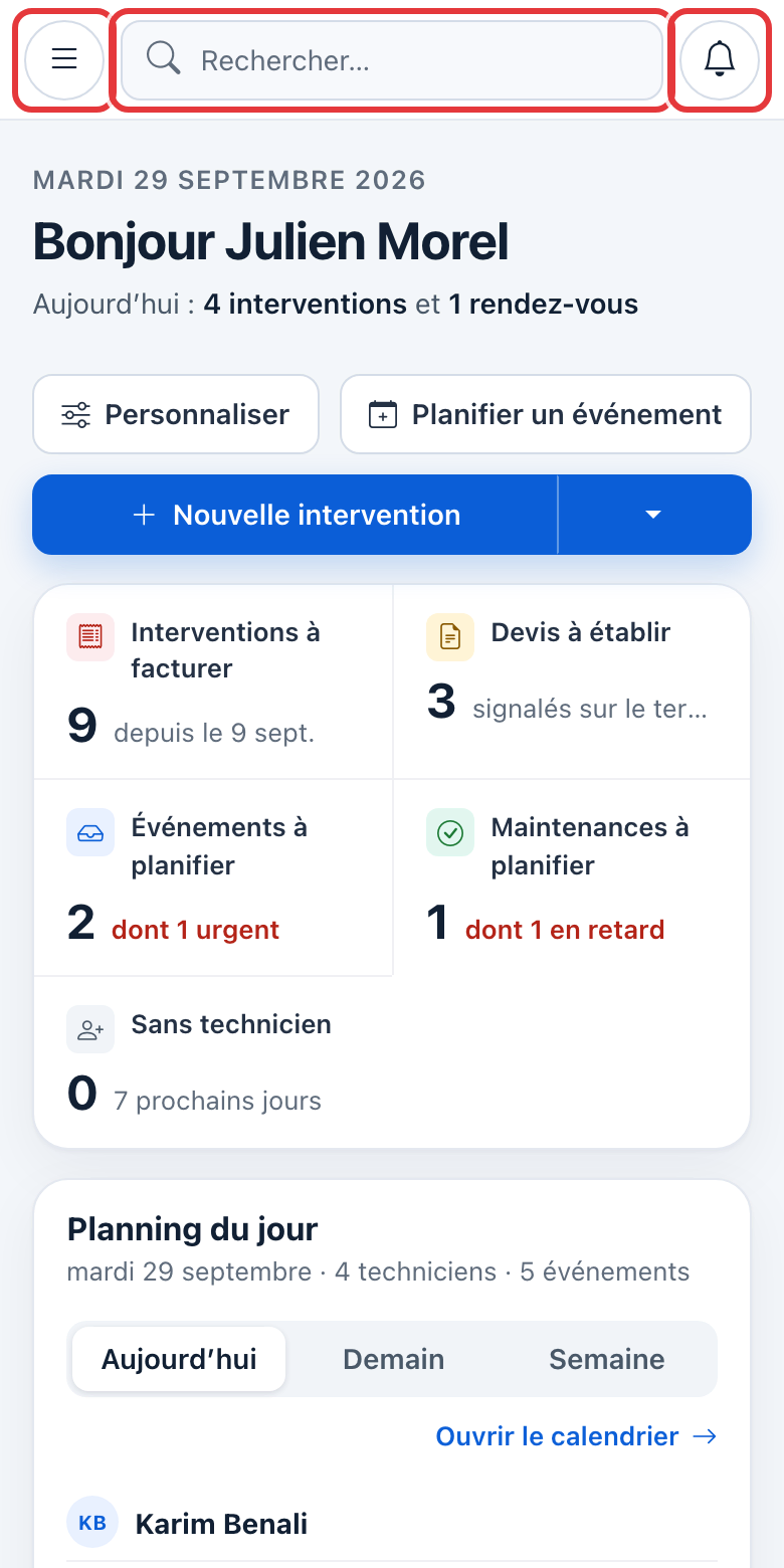 Haut d'une page sur téléphone : le bouton du menu, le champ Rechercher et la cloche sont entourés en rouge.