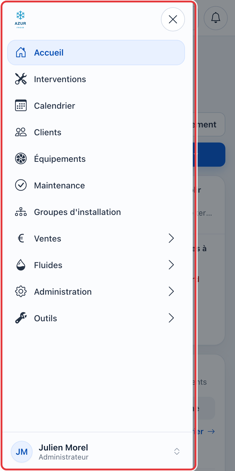Menu ouvert sur téléphone, entouré en rouge, avec les mêmes pages que sur ordinateur et le nom du compte en bas.