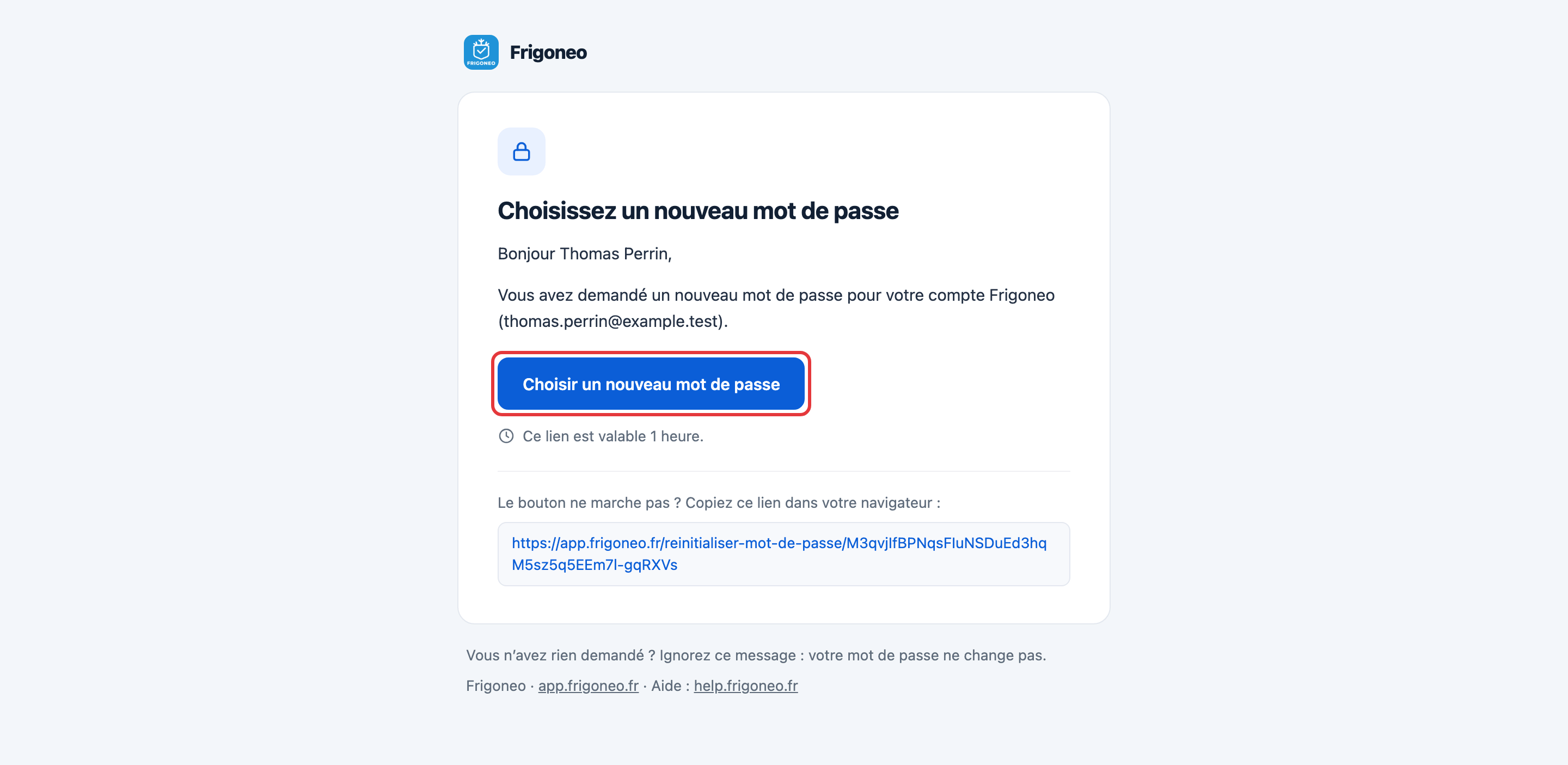 E-mail de réinitialisation : le bouton Choisir un nouveau mot de passe est entouré en rouge ; le lien est valable 1 heure.