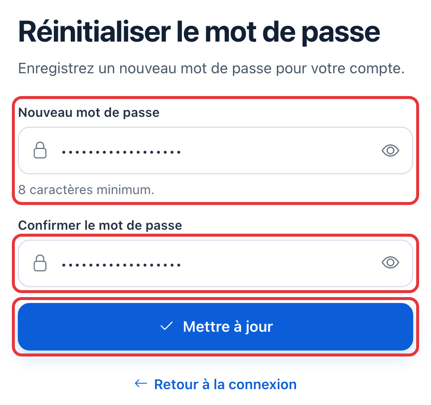 Page Réinitialiser le mot de passe : les deux champs du nouveau mot de passe et le bouton Mettre à jour sont entourés en rouge.