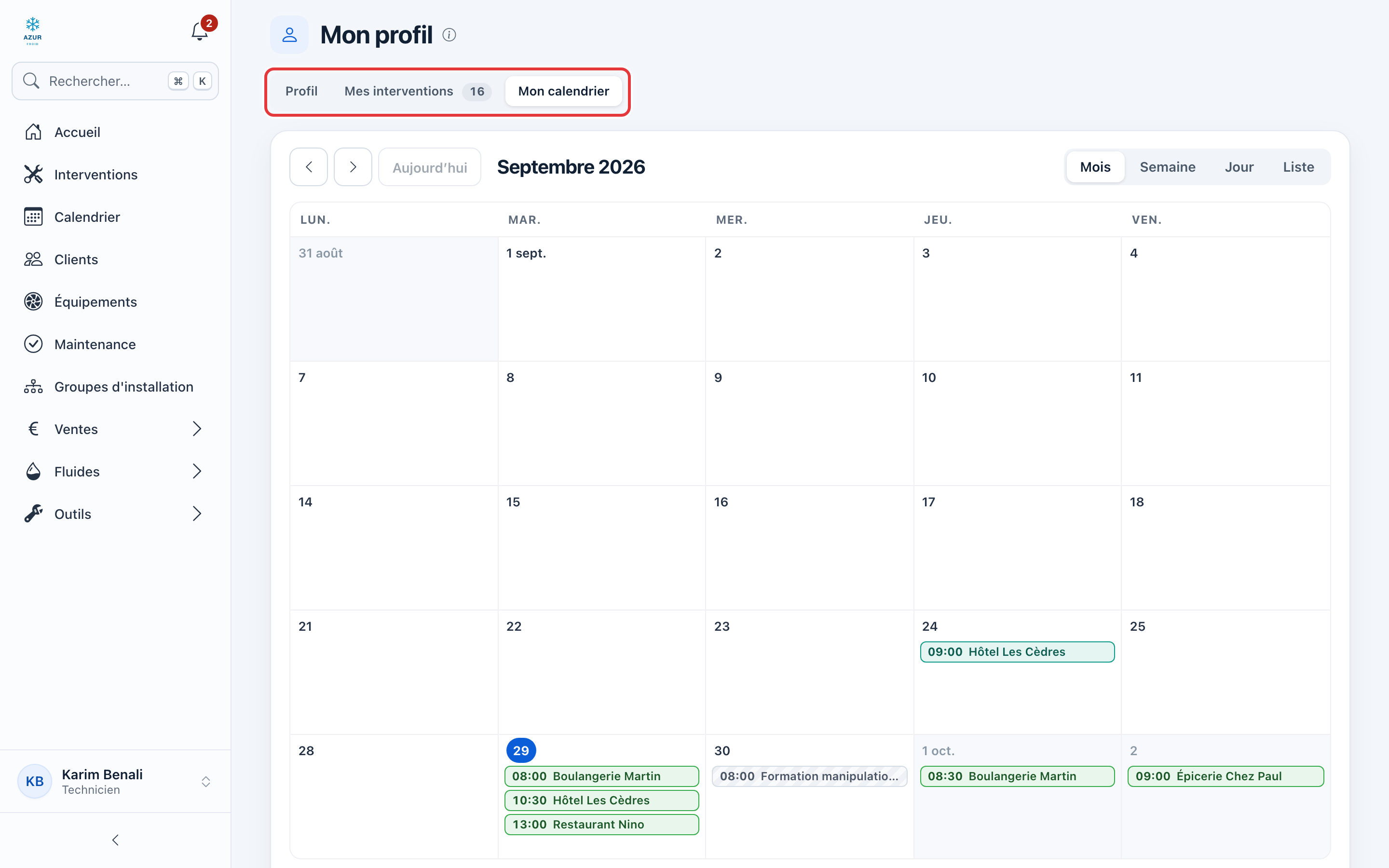 Onglet Mon calendrier d'un technicien : ses événements du mois ; les onglets sont entourés en rouge.
