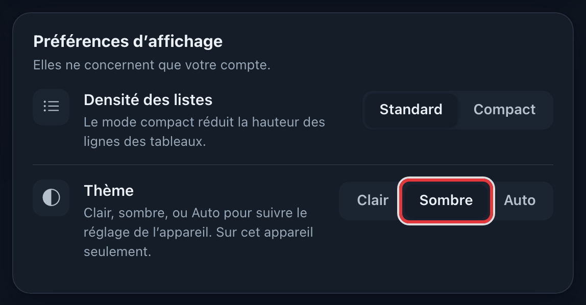 Carte Préférences d'affichage en thème sombre : l'option Sombre est entourée en rouge.