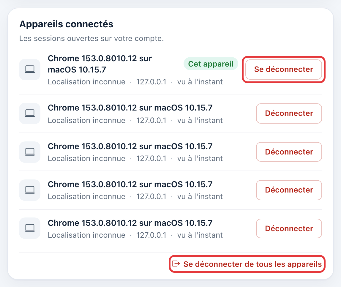 Carte Appareils connectés : une session, avec la pastille Cet appareil ; le bouton Se déconnecter et le lien Se déconnecter de tous les appareils sont entourés en rouge.