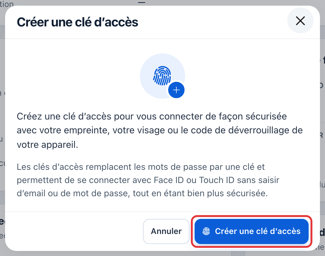 Fenêtre Créer une clé d'accès : le bouton Créer une clé d'accès est entouré en rouge.