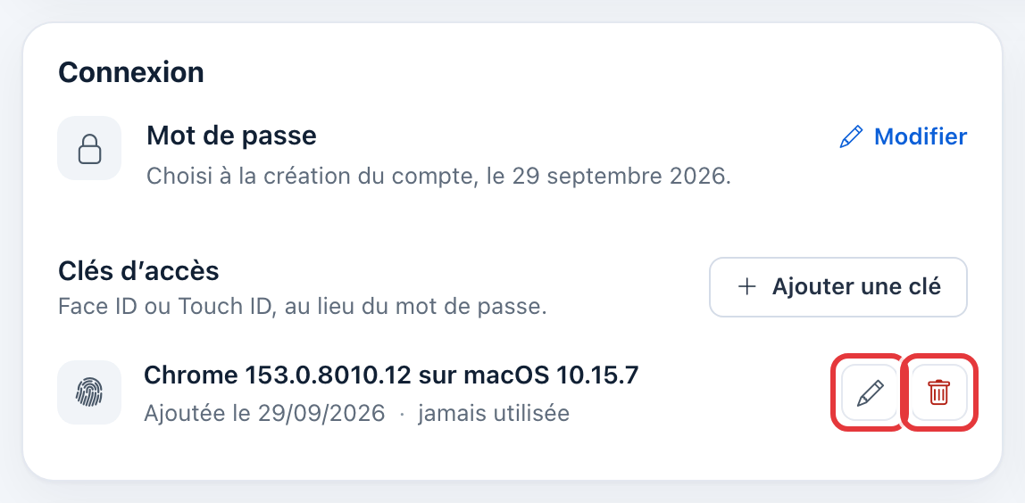 Carte Connexion avec une clé : le crayon et la corbeille, à droite de la ligne de la clé, sont entourés en rouge.
