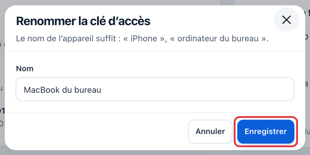 Fenêtre Renommer la clé d'accès : le champ Nom contient « MacBook du bureau » ; le bouton Enregistrer est entouré en rouge.