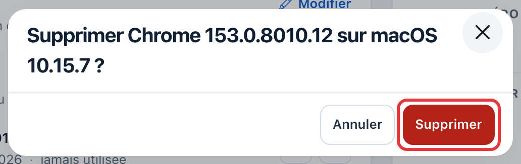 Fenêtre de confirmation « Supprimer … ? » : le bouton rouge Supprimer est entouré en rouge.