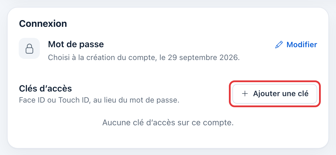 Carte Connexion de Mon profil : le bouton Ajouter une clé, à droite de « Clés d'accès », est entouré en rouge.
