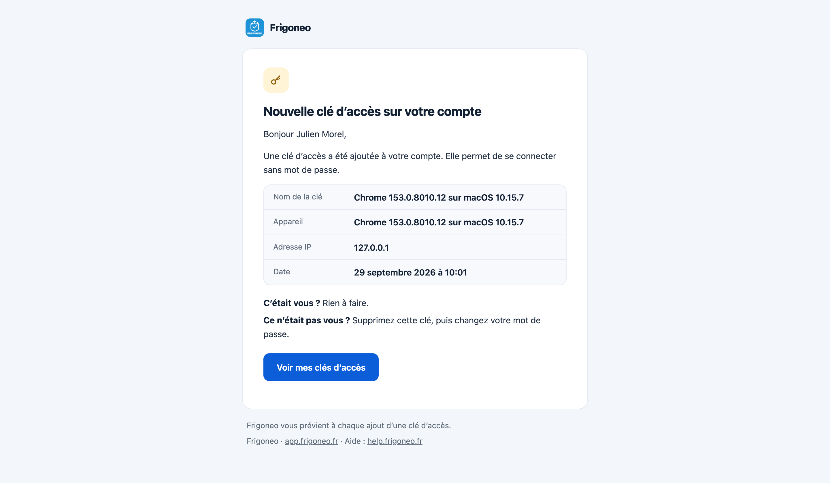 E-mail « Nouvelle clé d'accès sur votre compte » : le nom de la clé, l'appareil, l'adresse IP et la date, avec le bouton Voir mes clés d'accès.