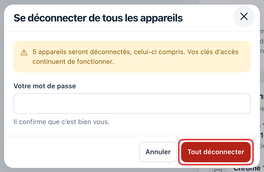 Fenêtre Se déconnecter de tous les appareils : un message indique combien d'appareils seront déconnectés, avec le champ Votre mot de passe ; le bouton Tout déconnecter est entouré en rouge.