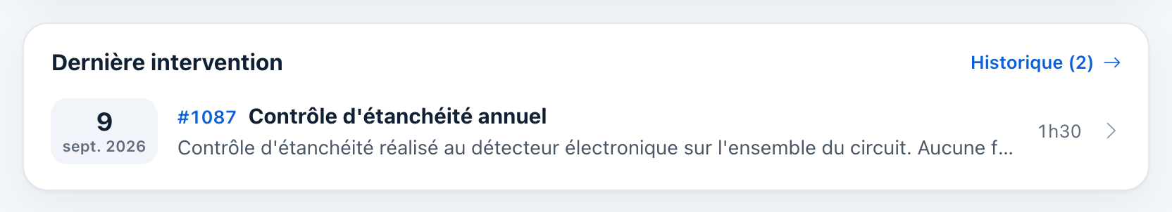 Carte Dernière intervention : le contrôle d'étanchéité annuel, sa date et le lien Historique.