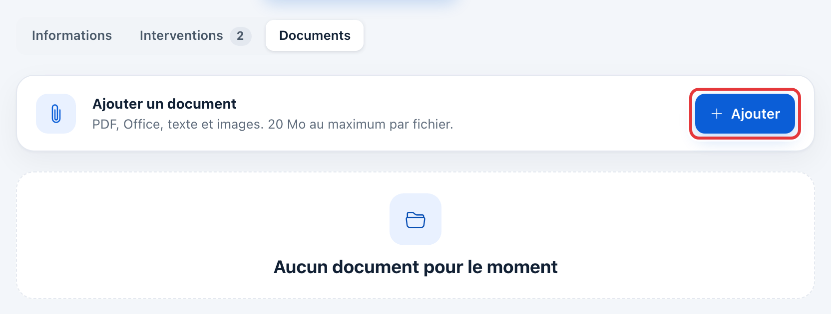 Onglet Documents d'un équipement : la carte Ajouter un document et son bouton Ajouter, entouré en rouge.