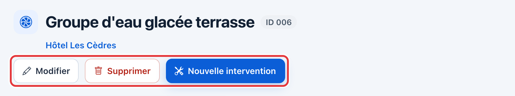 En-tête de la fiche : titre, pastille ID 006, lien vers l'Hôtel Les Cèdres ; les boutons Modifier, Supprimer et Nouvelle intervention sont entourés en rouge.