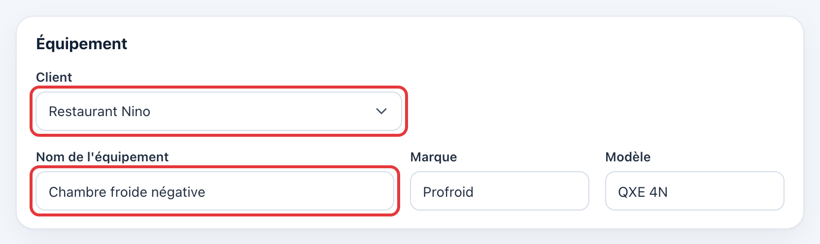 Carte Équipement : le client Restaurant Nino et le nom Chambre froide négative sont entourés en rouge ; marque Profroid, modèle QXE 4N.