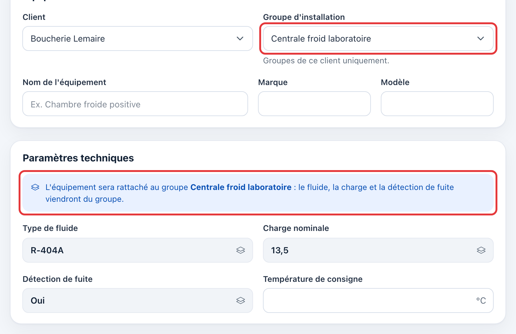 Formulaire d'un équipement de la Boucherie Lemaire : le groupe Centrale froid laboratoire et le message « le fluide, la charge et la détection de fuite viendront du groupe » sont entourés en rouge ; ces trois champs sont grisés.