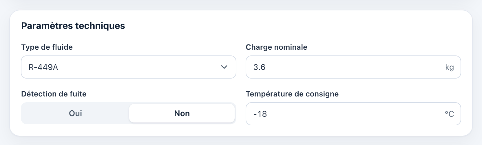 Carte Paramètres techniques : R-449A, 3,6 kg, détection de fuite Non, consigne -18 °C.