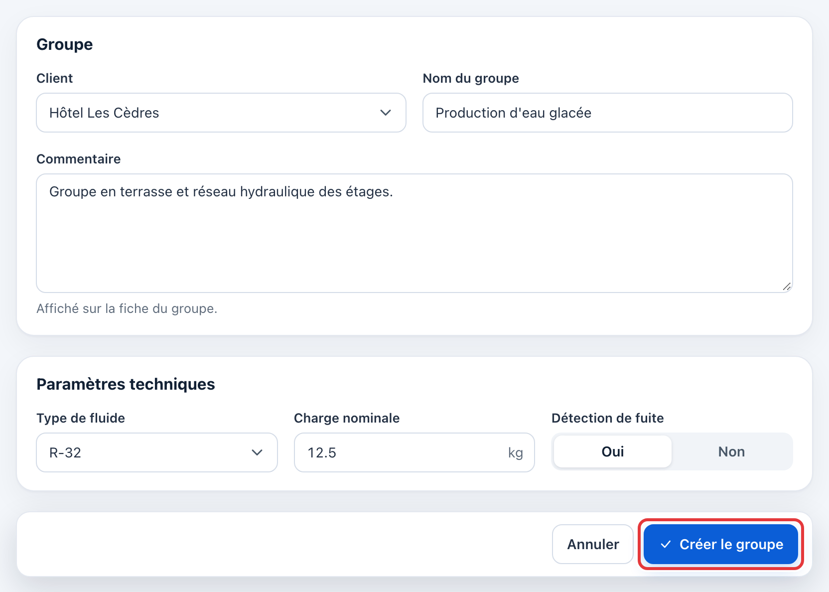 Formulaire Nouveau groupe rempli pour l'Hôtel Les Cèdres (R-32, 12,5 kg, détection Oui), avec le bouton Créer le groupe entouré en rouge.