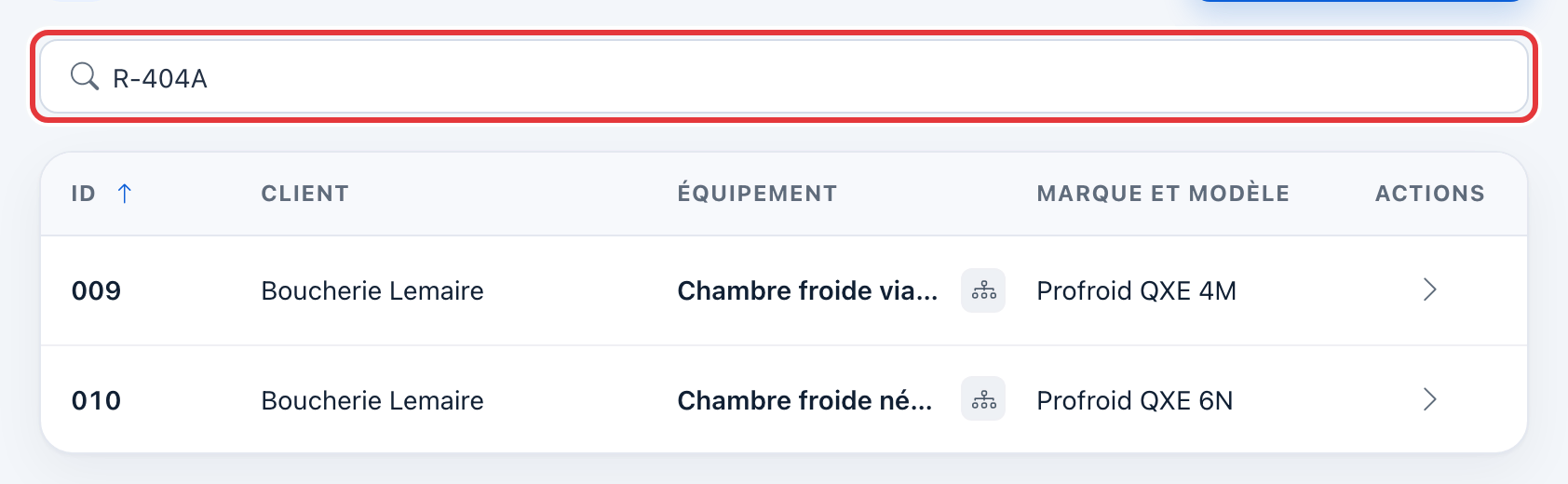 Recherche « R-404A » : les deux équipements en R-404A de la Boucherie Lemaire restent dans la liste.