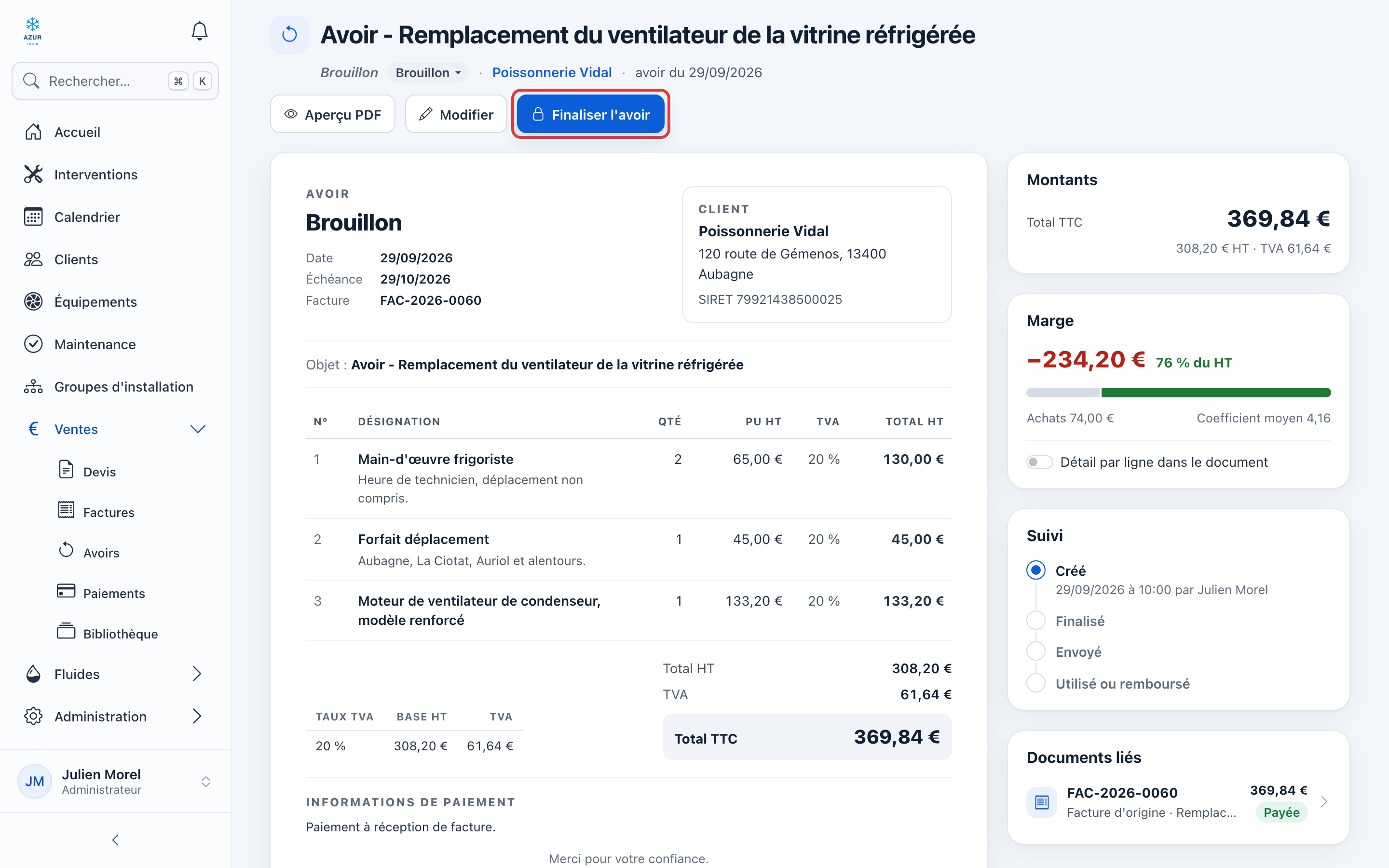 Fiche de l'avoir en brouillon : le bouton Finaliser l'avoir est entouré en rouge ; à droite, Documents liés montre la facture d'origine FAC-2026-0060.