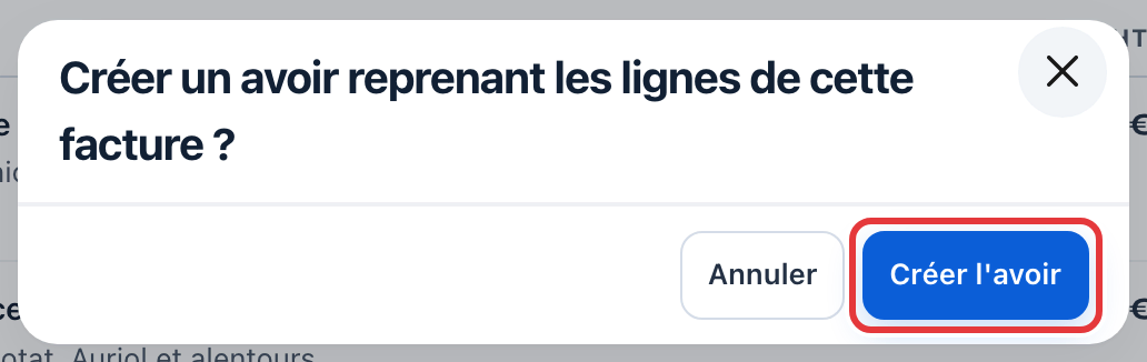 Confirmation « Créer un avoir reprenant les lignes de cette facture ? » : le bouton Créer l'avoir est entouré en rouge.