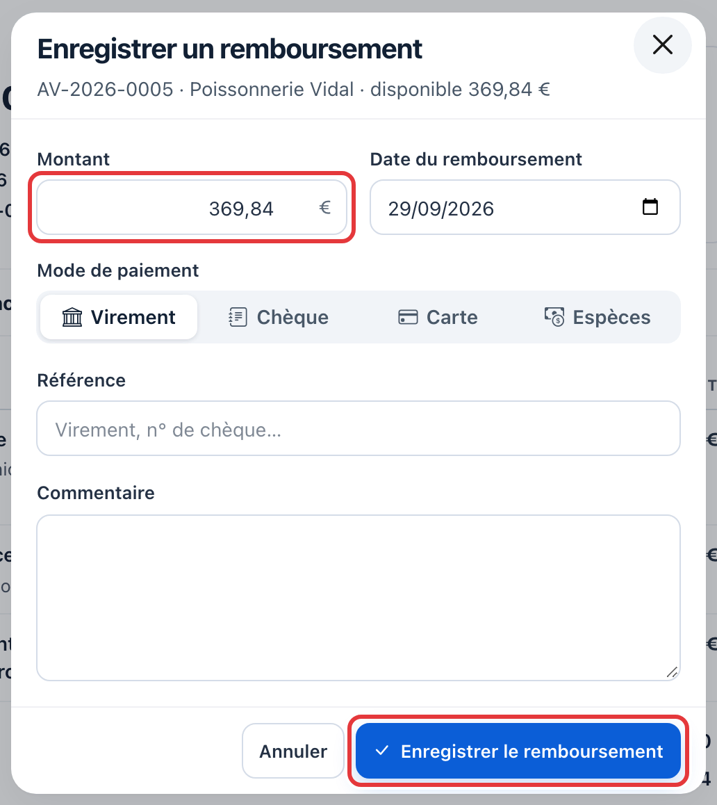 Fenêtre Enregistrer un remboursement pour AV-2026-0005 : le montant 369,84 € et le bouton Enregistrer le remboursement sont entourés en rouge ; mode Virement choisi.