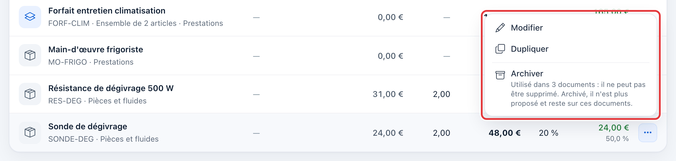 Menu ⋯ de la Sonde de dégivrage, entouré en rouge : Modifier, Dupliquer, Archiver avec l'indication « Utilisé dans 2 documents : il ne peut pas être supprimé ».
