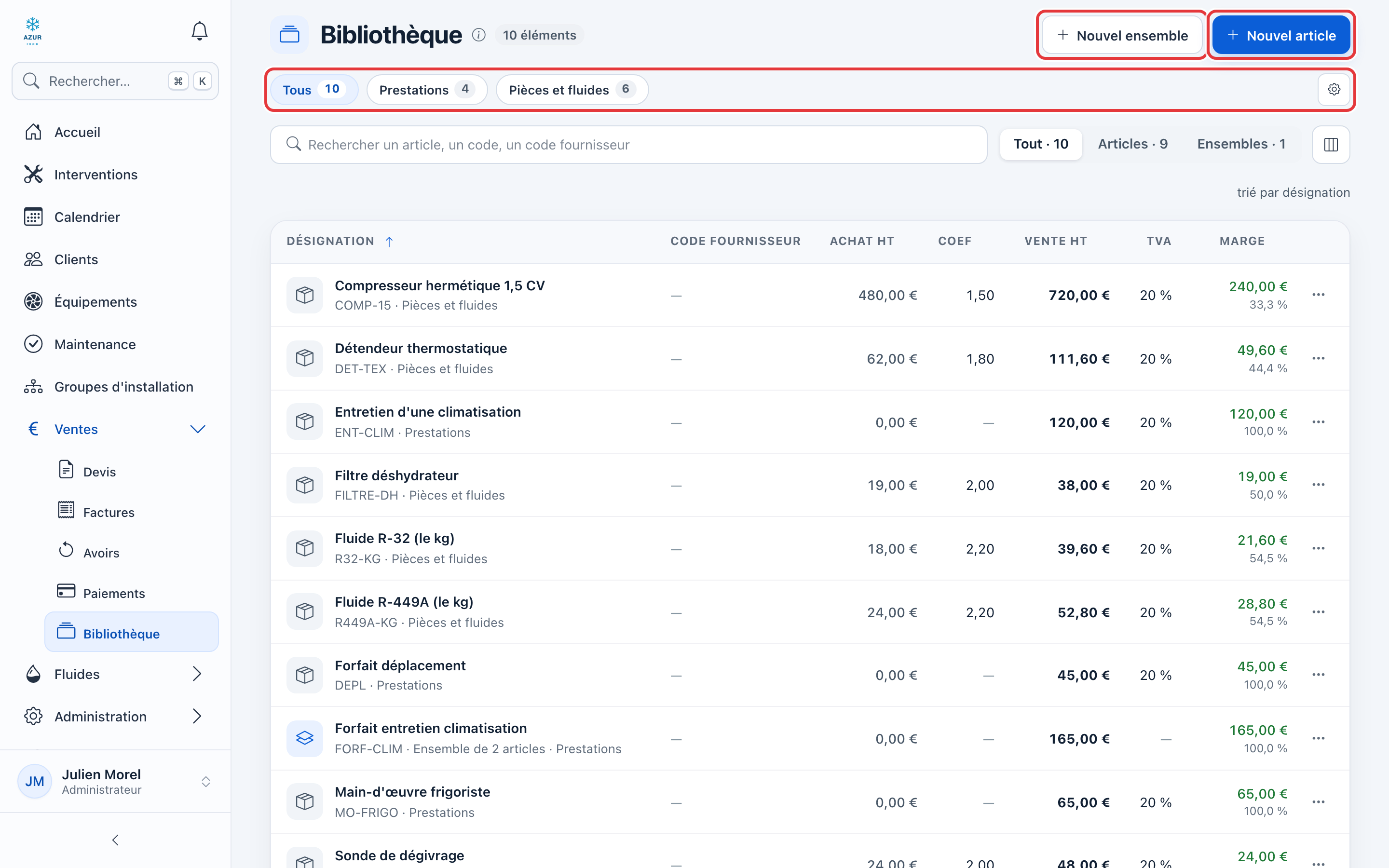 Page Bibliothèque : les puces de catalogues (Tous, Prestations, Pièces et fluides) et les boutons Nouvel ensemble et Nouvel article sont entourés en rouge ; dessous, les articles avec achat HT, coefficient, vente HT, TVA et marge.