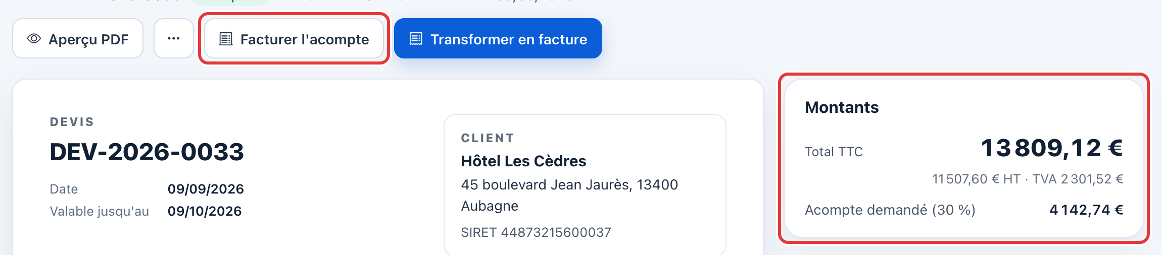 Fiche du devis DEV-2026-0033 accepté : le bouton Facturer l'acompte et la carte Montants (acompte demandé de 30 %, 4 142,74 €) sont entourés en rouge.