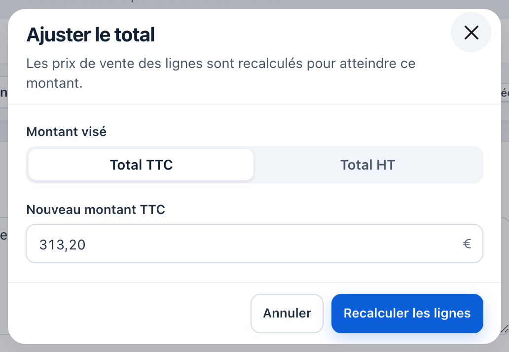Fenêtre Ajuster le total : montant visé Total TTC ou Total HT, le nouveau montant, bouton Recalculer les lignes.