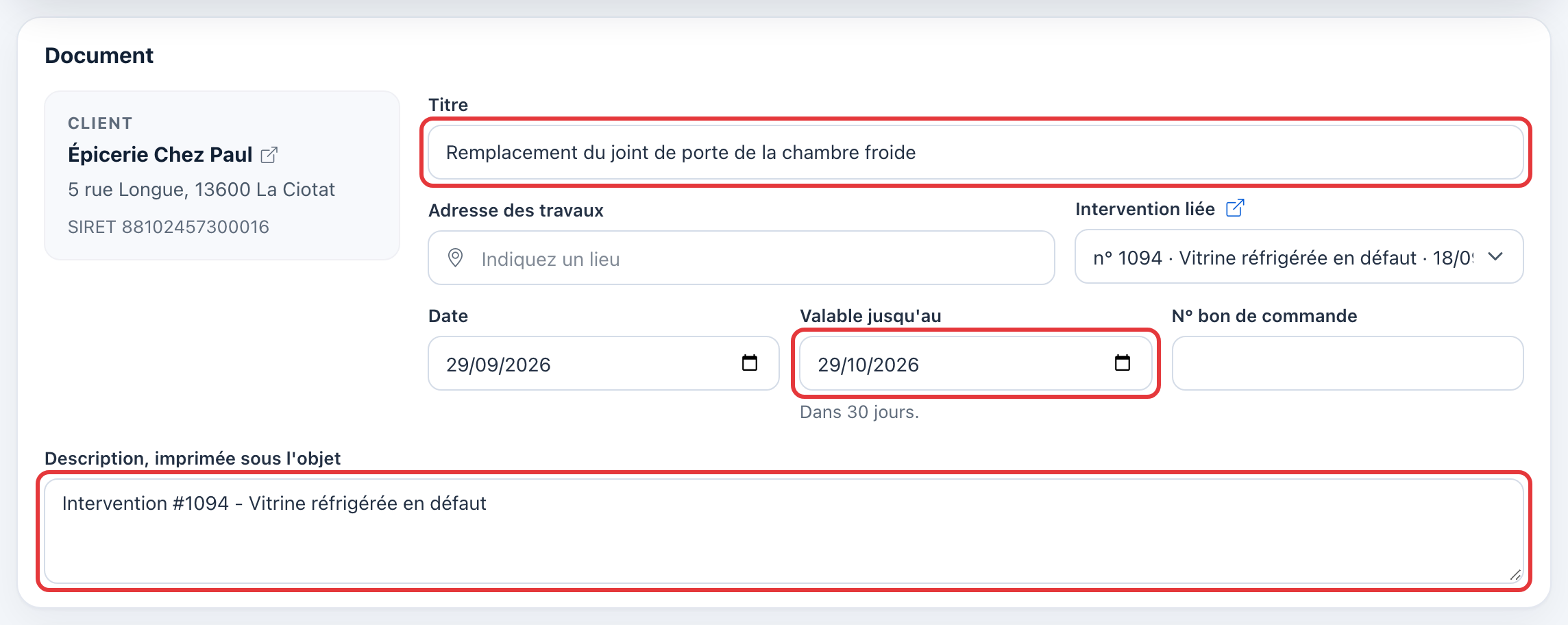 Carte Document de l'éditeur : le titre, la date de validité et la description sont entourés en rouge ; à gauche, le client avec son adresse et son SIRET.