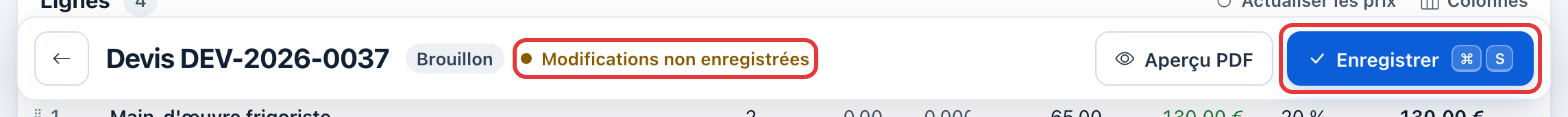 Barre du haut de l'éditeur : la mention Modifications non enregistrées et le bouton Enregistrer ⌘ S sont entourés en rouge, à côté d'Aperçu PDF.