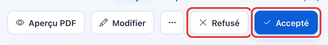 Boutons d'un devis envoyé : Refusé et Accepté sont entourés en rouge, à côté d'Aperçu PDF et Modifier.