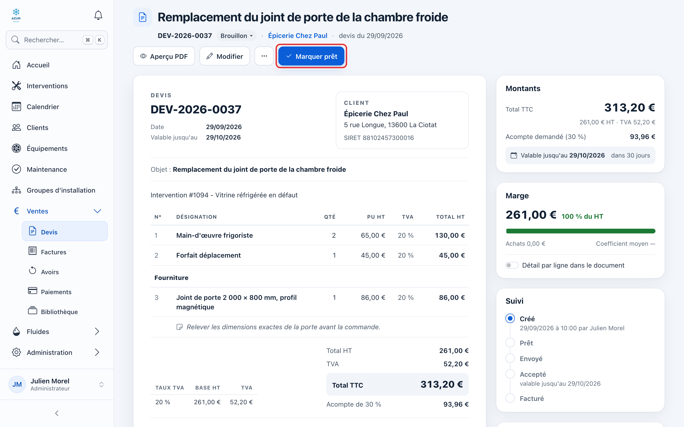 Fiche du devis DEV-2026-0037 en brouillon : le bouton Marquer prêt est entouré en rouge ; à droite, les cartes Montants, Marge et Suivi.