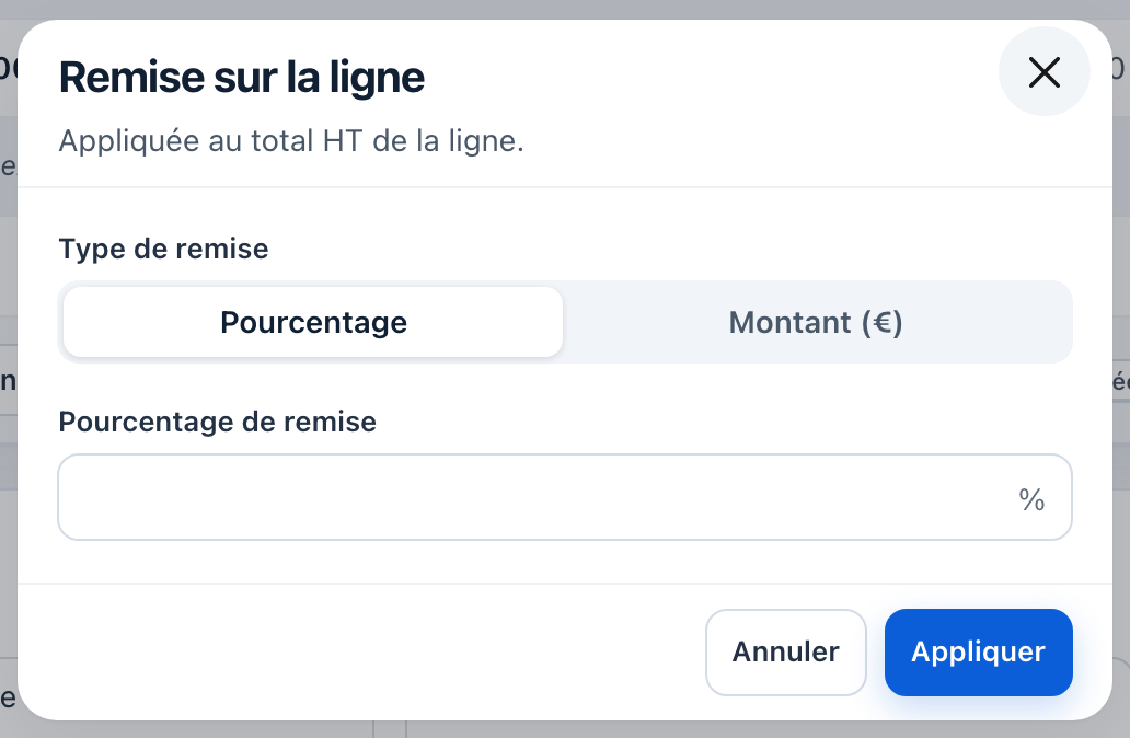 Fenêtre Remise sur la ligne : type Pourcentage ou Montant, le pourcentage de remise, bouton Appliquer.