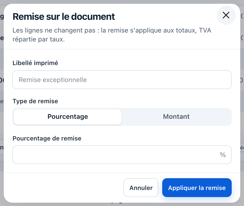 Fenêtre Remise sur le document : le libellé imprimé, le type de remise et le pourcentage, bouton Appliquer la remise.